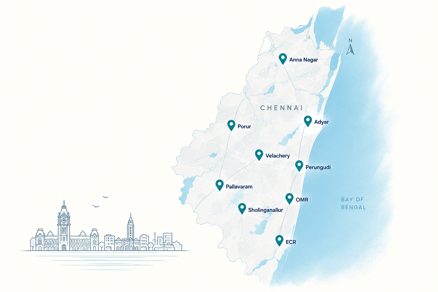 Chennai popular locations map — OMR, ECR, Porur, Sholinganallur, Pallavaram, Perungudi, Velachery, Adyar, Anna Nagar